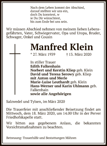 Traueranzeige von Manfred Klein von Uelzen