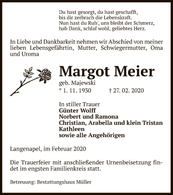 Traueranzeige von Margot Meier von Uelzen