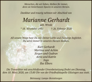 Traueranzeige von Marianne Gerhardt von Uelzen