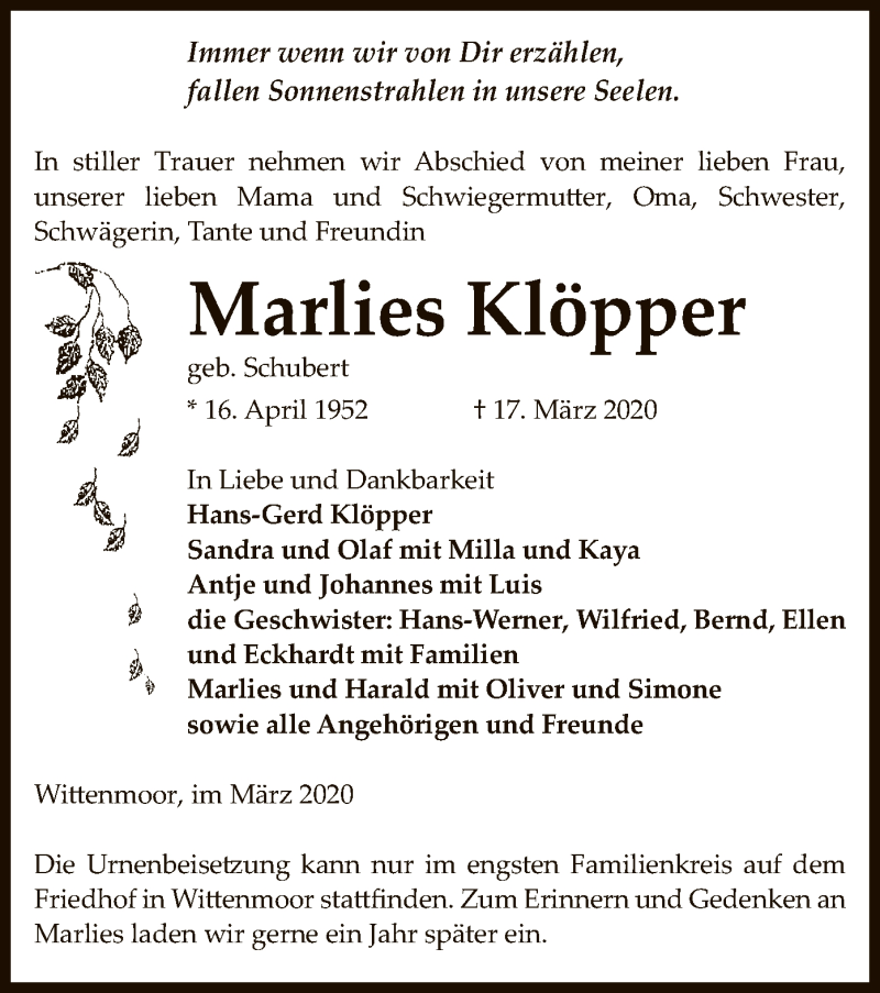  Traueranzeige für Marlies Klöpper vom 27.03.2020 aus Uelzen