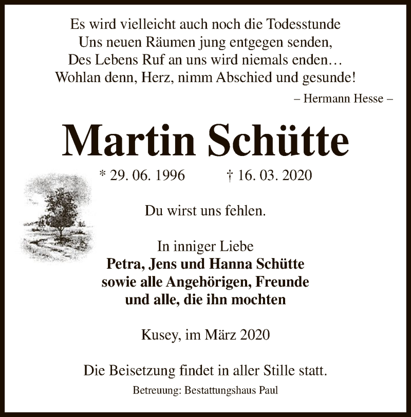  Traueranzeige für Martin Schütte vom 20.03.2020 aus Uelzen