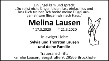 Traueranzeige von Melina Lausen von Uelzen