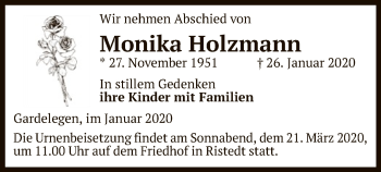 Traueranzeige von Monika Holzmann von Uelzen