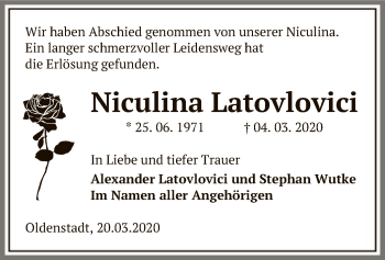 Traueranzeige von Niculina Latovlovici von Uelzen