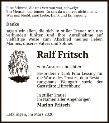 Traueranzeige von Ralf Fritsch von Uelzen