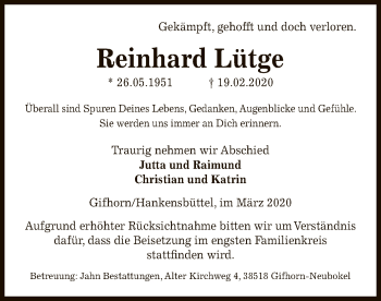 Traueranzeige von Reinhard Lütge von Uelzen