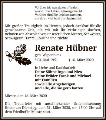 Traueranzeige von Renate Hübner von Uelzen