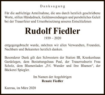 Traueranzeige von Rudolf Fiedler von Uelzen