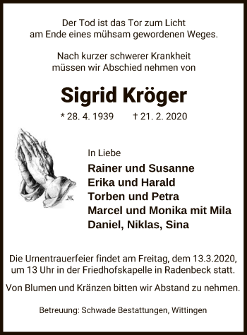 Traueranzeige von Sigrid Kröger von Uelzen