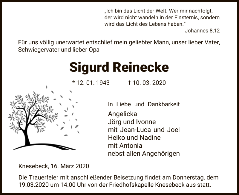  Traueranzeige für Sigurd Reinecke vom 16.03.2020 aus Uelzen