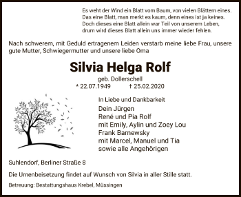 Traueranzeige von Silvia Helga Rolf von Uelzen