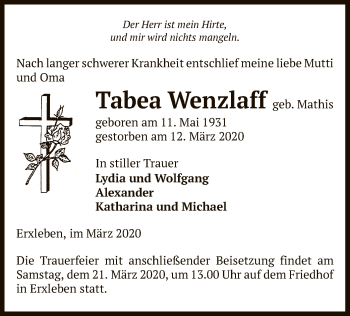 Traueranzeige von Tabea Wenzlaff von Uelzen