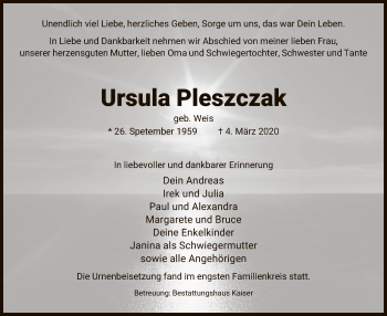 Traueranzeige von Ursula Pleszczak von Uelzen
