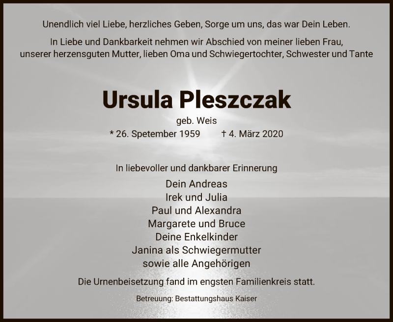  Traueranzeige für Ursula Pleszczak vom 28.03.2020 aus Uelzen