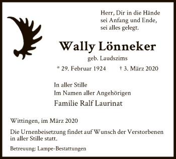 Traueranzeige von Wally Lönneker von Uelzen