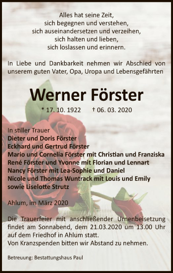 Traueranzeige von Werner Förster von Uelzen