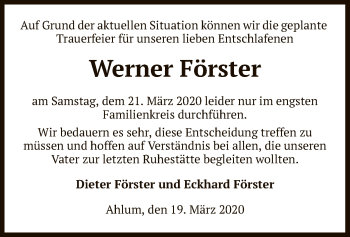 Traueranzeige von Werner Förster von Uelzen