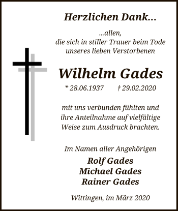 Traueranzeige von Wilhelm Gades von Uelzen