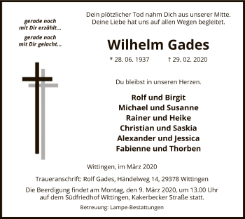 Traueranzeige von Wilhelm Gades von Uelzen