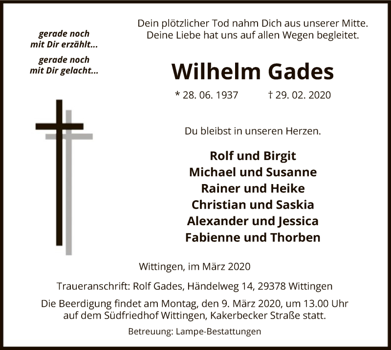  Traueranzeige für Wilhelm Gades vom 05.03.2020 aus Uelzen