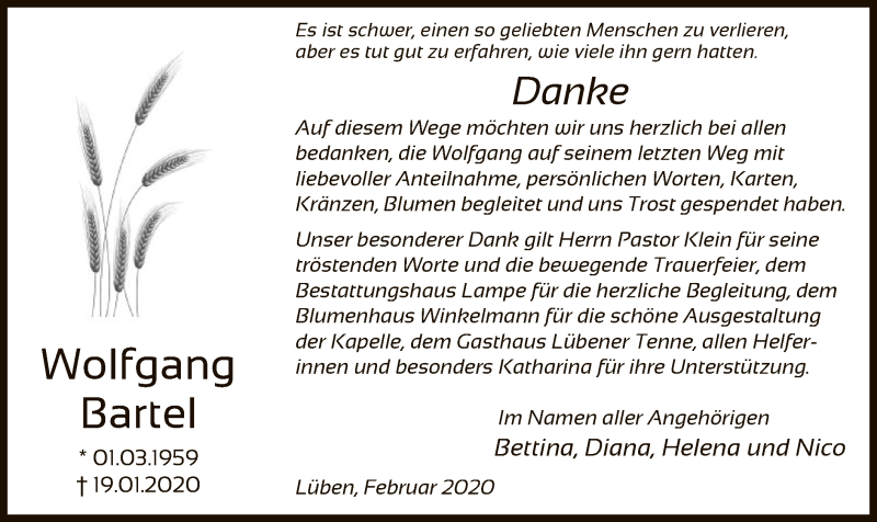  Traueranzeige für Wolfgang Bartel vom 29.02.2020 aus Uelzen