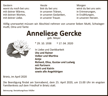 Traueranzeige von Anneliese Gercke von Uelzen