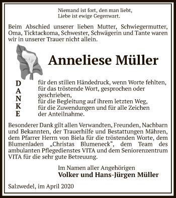 Traueranzeige von Anneliese Müller von Uelzen