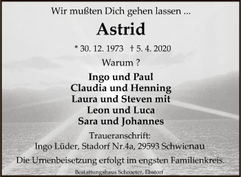 Traueranzeige von Astrid  von Uelzen