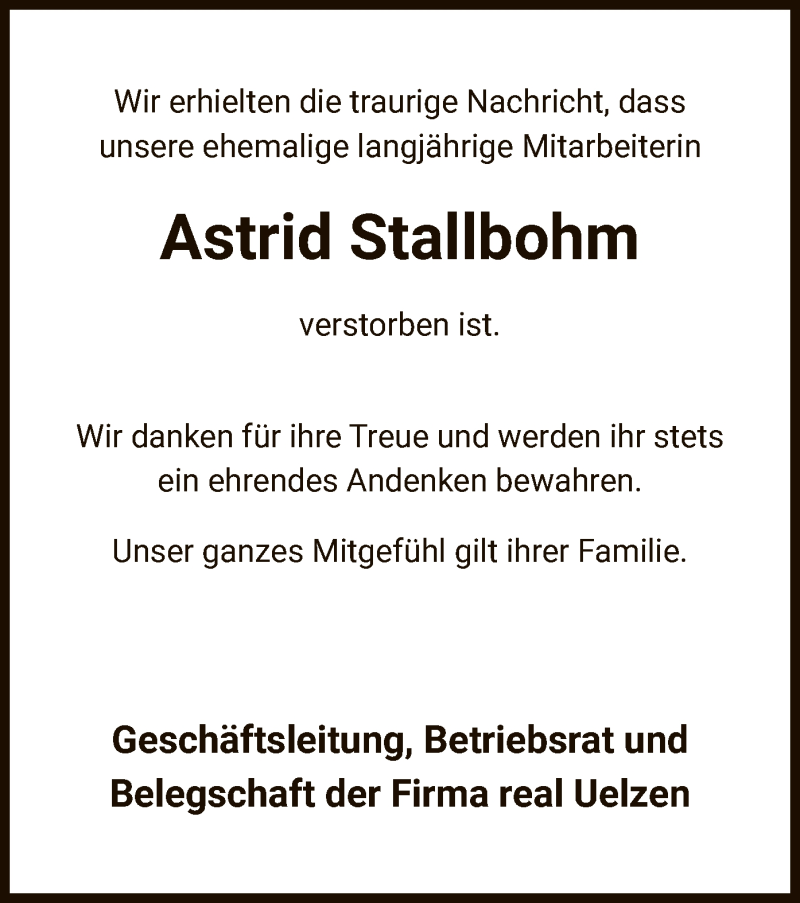  Traueranzeige für Astrid Stallbohm vom 11.04.2020 aus Uelzen