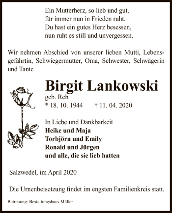 Traueranzeige von Birgit Lankowski von Uelzen