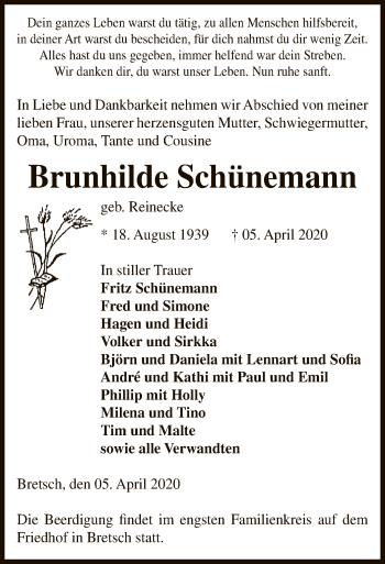 Traueranzeige von Brunhilde Schünemann von Uelzen