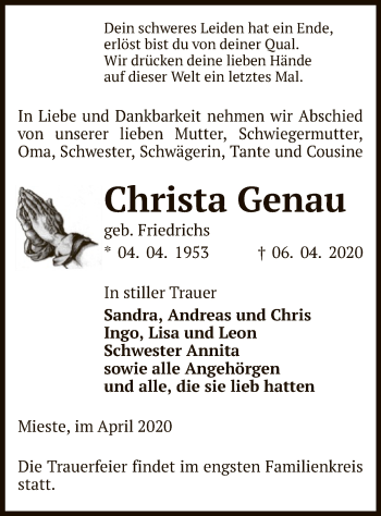 Traueranzeige von Christa Genau von Uelzen