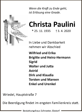 Traueranzeige von Christa Paulini von Uelzen