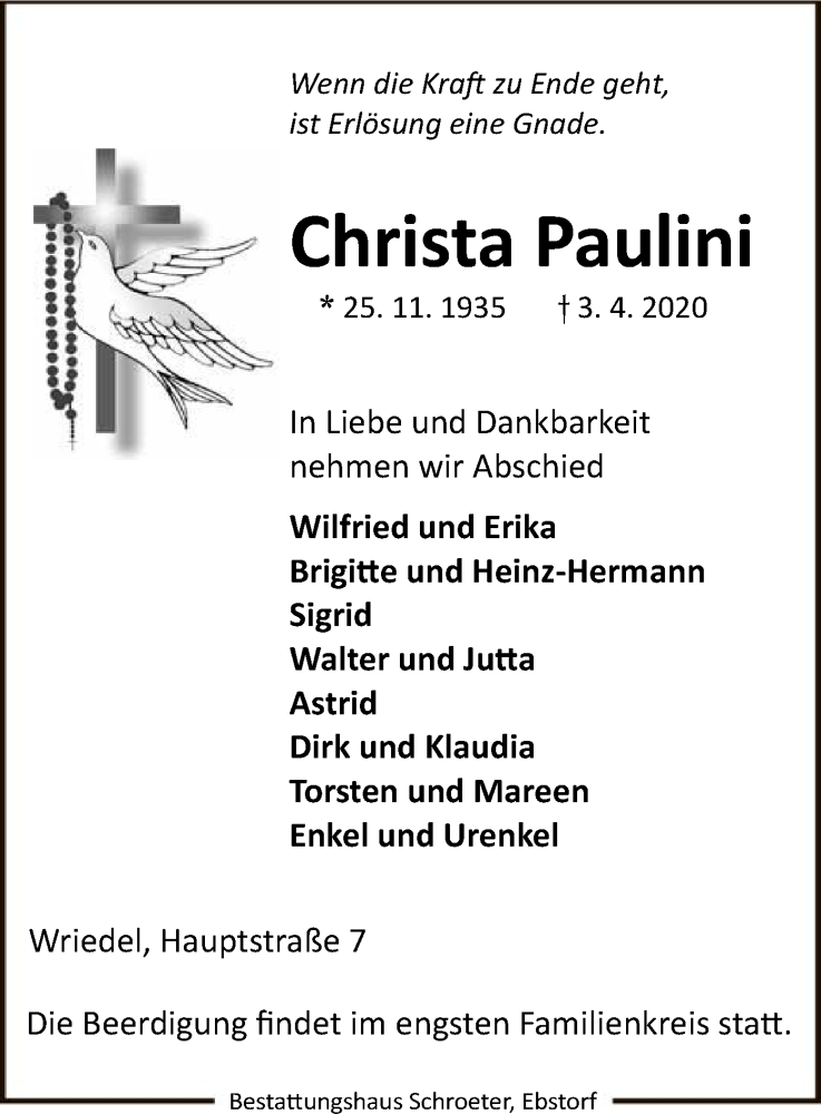  Traueranzeige für Christa Paulini vom 07.04.2020 aus Uelzen