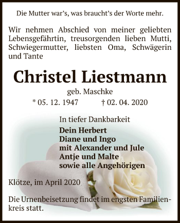 Traueranzeige von Christel Liestmann von Uelzen