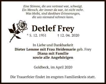 Traueranzeige von Detlef Frey von Uelzen