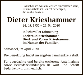Traueranzeige von Dieter Krieshammer von UEL