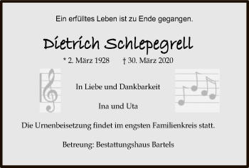 Traueranzeige von Dietrich Schlepegrell von Uelzen