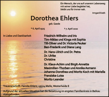 Traueranzeige von Dorothea Ehlers von Uelzen