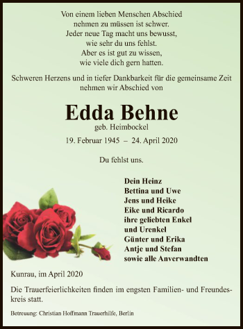 Traueranzeige von Edda Behne von UEL