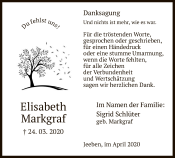 Traueranzeige von Elisabeth Markgraf von Uelzen