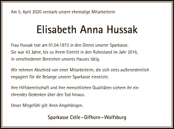 Traueranzeige von Elisabeth Anna Hussak von Uelzen