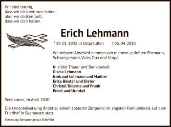 Traueranzeige von Erich Lehmann von Uelzen