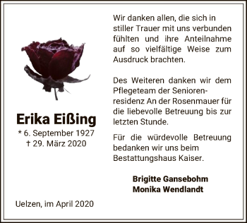 Traueranzeige von Erika Eißing von UEL