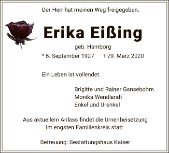 Traueranzeige von Erika Eißing von Uelzen