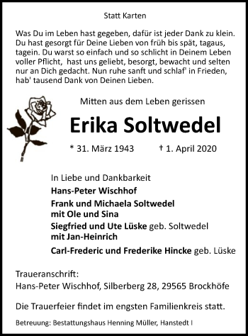 Traueranzeige von Erika Soltwedel von Uelzen