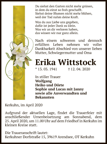 Traueranzeige von Erika Wittstock von Uelzen