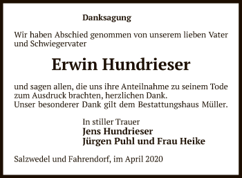 Traueranzeige von Erwin Hundrieser von Uelzen