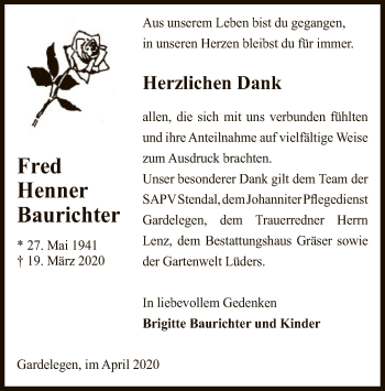 Traueranzeige von Fred Henner Baurichter von Uelzen