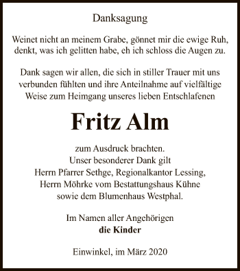 Traueranzeige von Fritz Alm von Uelzen